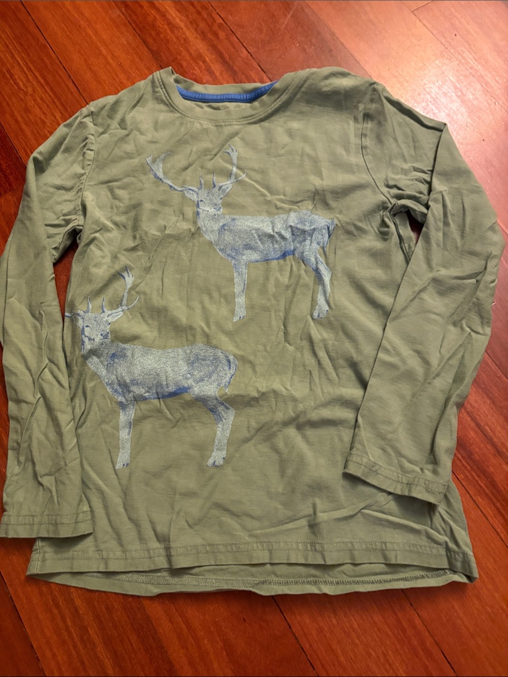 Tea Collection Olive Long Sleeve Tee with Blue Deer Print